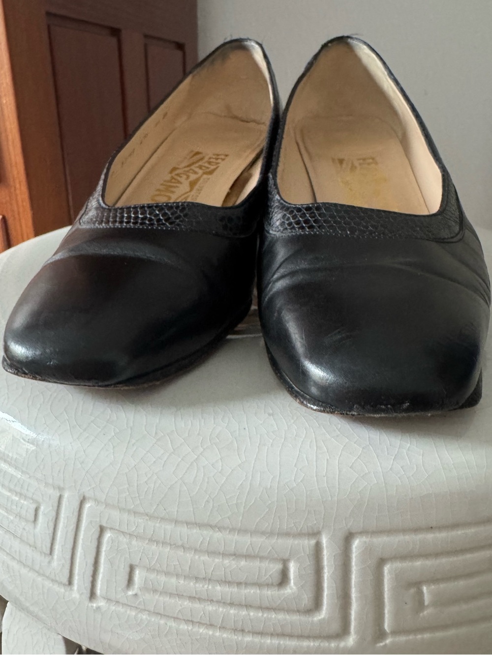 Vintage Salvatore Ferragamo Black Leather Low Block Heel Pumps - Picture 4 of 9